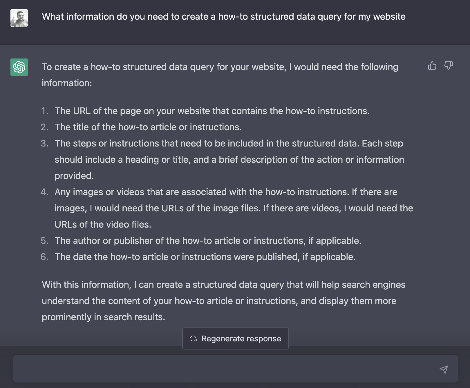 ChatGPT Screenshot asking to write structured data query