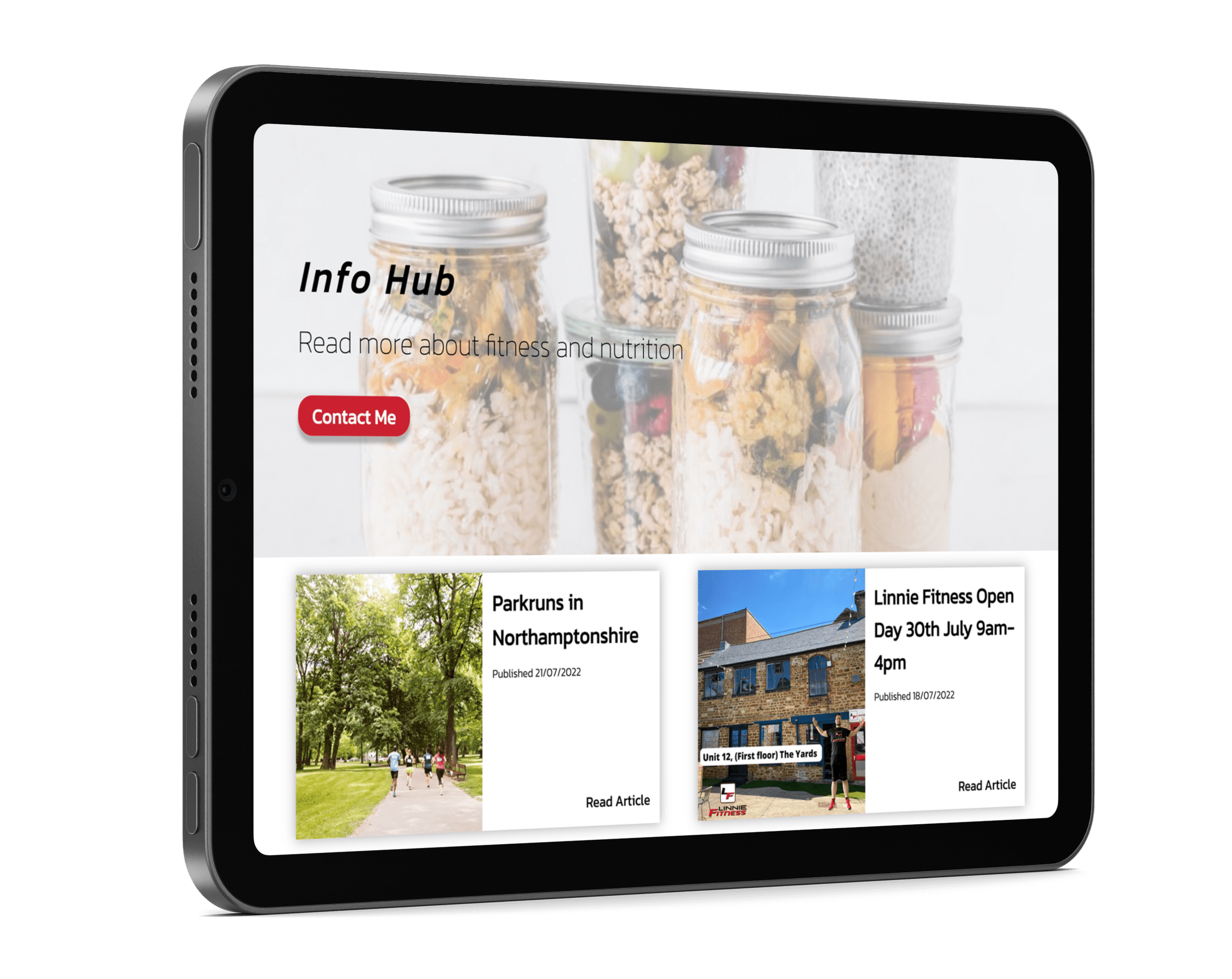 Linnie fitness website blog on tablet..