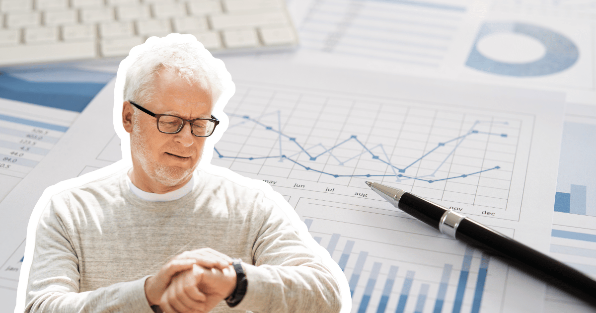 Man looking at his watch behind a backdrop of reports
